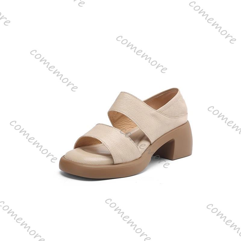 Праздничные ретро сандалии на толстой подошве для женщин абрикосового цвета из мягкой кожи на массивном высоком каблуке 6 см женская обувь с открытым носком сандалии на каблуке