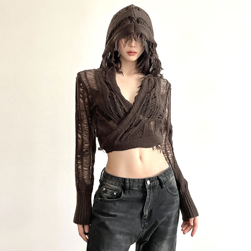 Футболка с длинными рукавами в стиле Wasteland, потертый дизайн, женская, с вырезом, короткая, с капюшоном