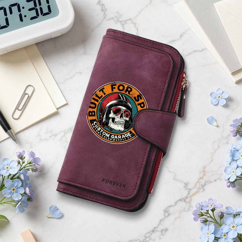 Vintage Skull Print Long Leather Wallet For Daily Use