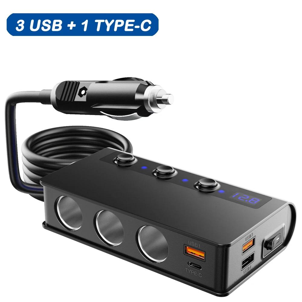 12-24V Car Cigarette Lighter 3 Sockets Splitter Adapter 180W Auto 3/4 USB QC3.0 Power Socket With ON/OFF LED Voltage Car Charger