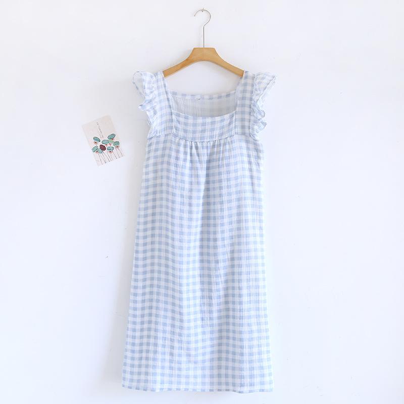 Summer New Women's Nightgown Vest 100% Cotton Large Size Loose Plaid Dress with Breast Pads