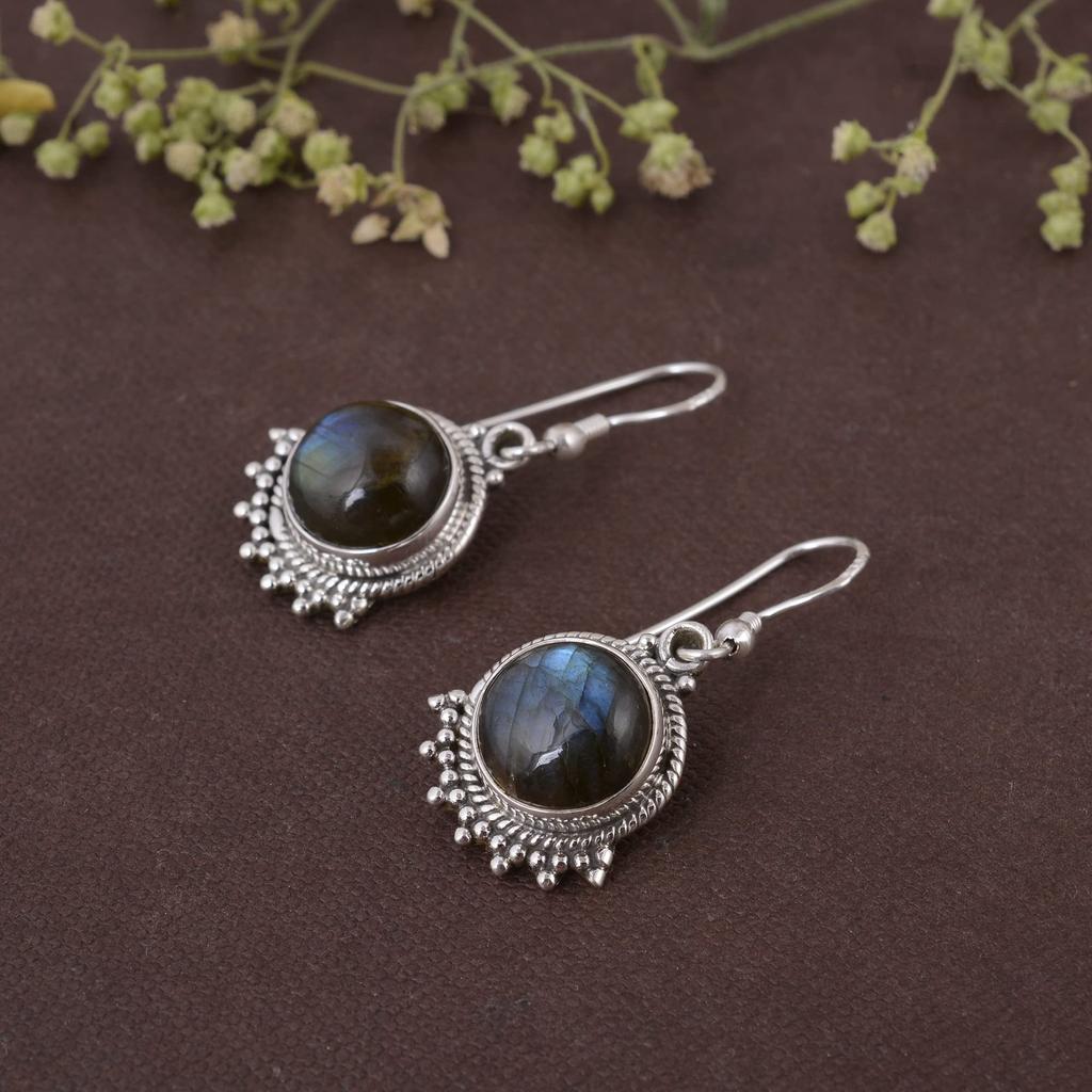 Круглая серьга с кабошоном из натурального лабрадорита-серебро 925 пробы ручной работы висячая серебряная серьга для женщин
