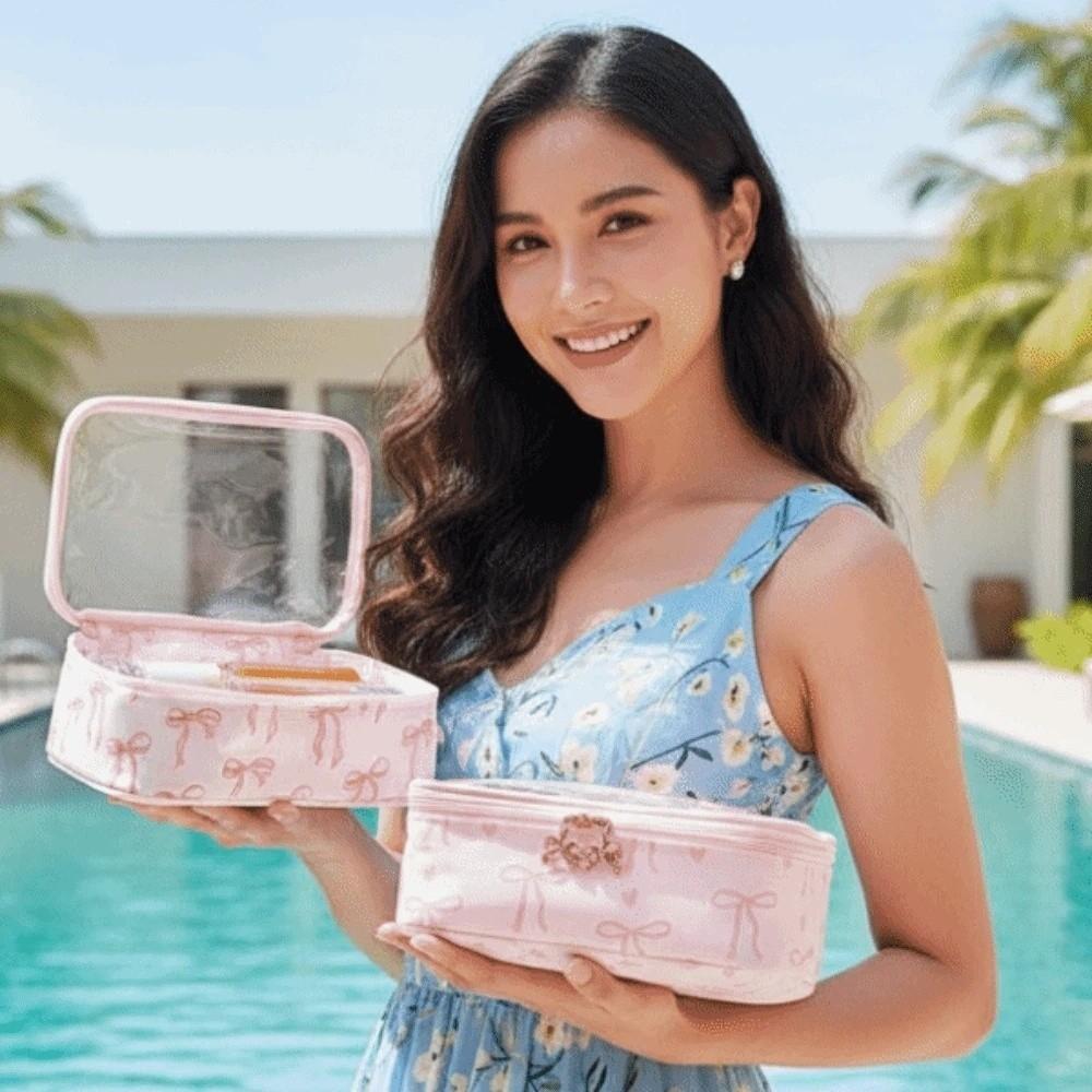 Clutch Pouch Transparent Makeup Bag Large Capacity PU Leather Clear PVC Handbag Waterproof Pink Bow Swimming Small Bag Party