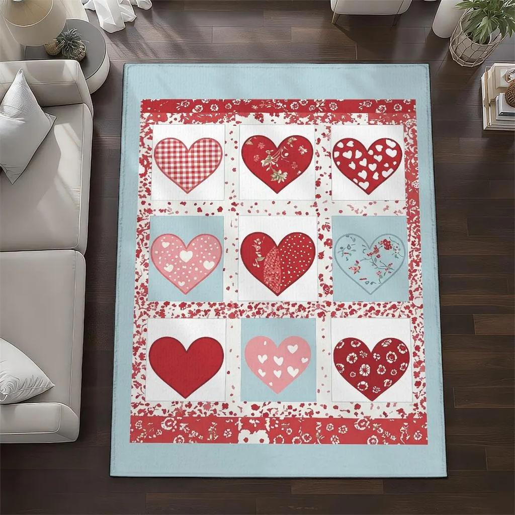 Love Patchwork Plaid Printed Carpet Valentine's Day Decorative Door Mat Entrance Living Room Bedroom Spring Atmosphere Rug