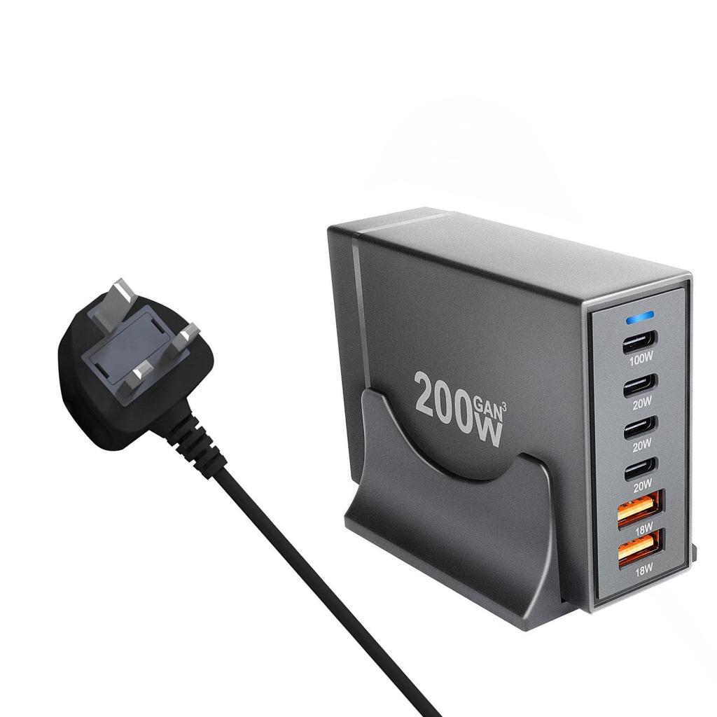 Многопортовое быстрое USB-PD зарядное устройство на 200 Вт для ноутбуков и телефонов