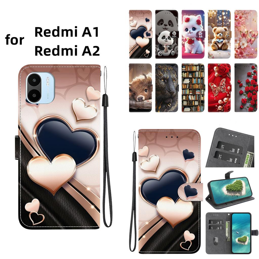 Чехол-книжка из искусственной кожи ручной работы для Redmi A1/Redmi A2, противоскользящий ударопрочный чехол с ремешком на запястье и дизайнами кошек с сердечками/розами