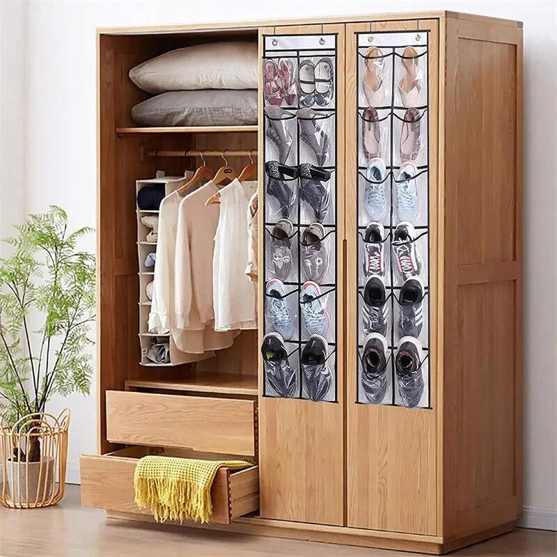 12/24 Grids Wall-Mounted Sundries Shoe Organiser Fabric Closet Bag Storage Rack Mesh Pocket Clear Hanging Over The Door Box
