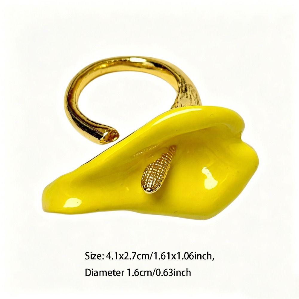 Adjustable Geometric Open Ring Metal Vintage Ring Luxury Enamel Calla Flower Ring Party