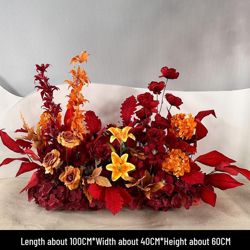 Red Floral Wedding Stage Backdrop with Artificial Flower Rows