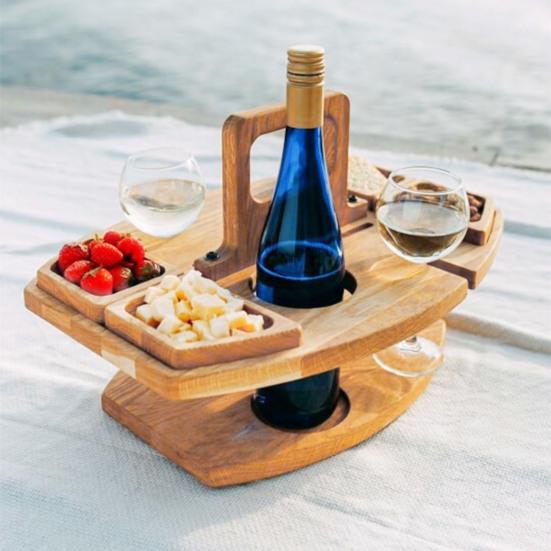 Wooden Picnic Table Portable Food Tray with Wine Glass Holder Mini Snack Tray for Outdoor Events Beach Camping Removable Portable Wine Table