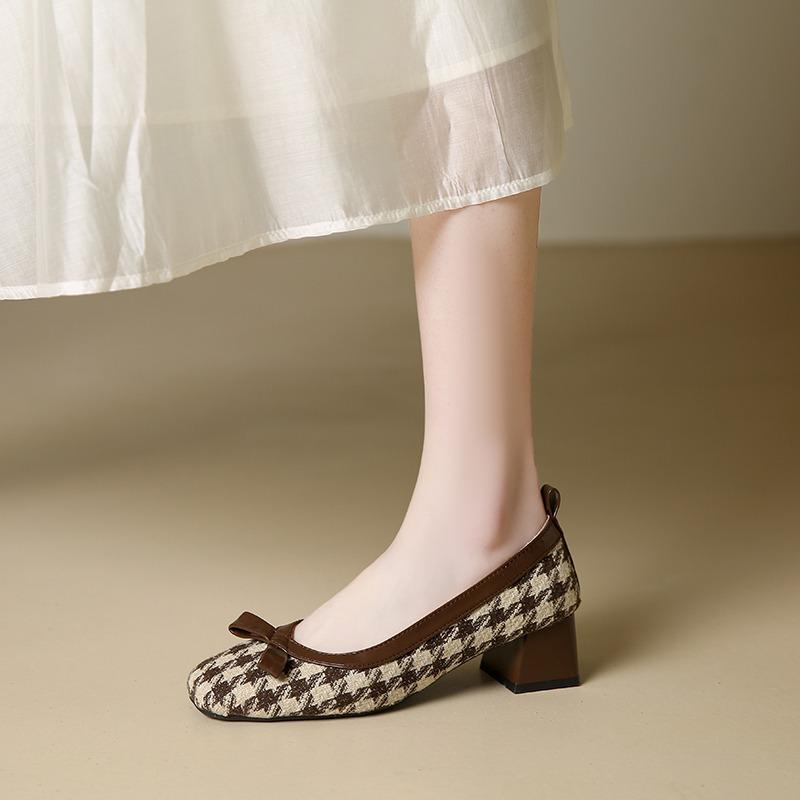 Женские туфли-лодочки Костюмные туфли из твида в клетку Туфли-лодочки с квадратными пуговицами Новые дизайнерские туфли Сетка Слипоны Туфли на среднем каблуке Осенние туфли