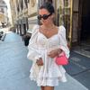 Vintage Puff Long Sleeve White Dress for Women Elegant Square Collar Women's Dress Cotton Short Dress