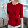 Mid-sleeved T-shirt for Women's New Women's Solid Color Round Neck Half-sleeved Cotton T-shirt Design Pleated Top