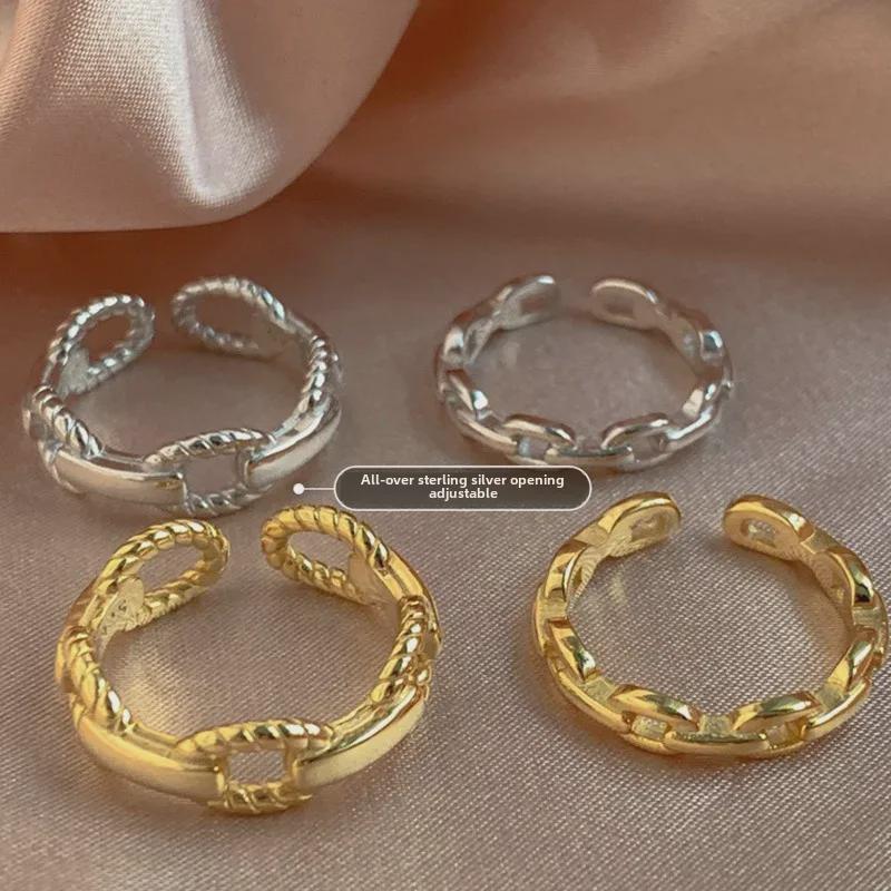 Серебряное кольцо S925 с открытой шинкой в виде плетеной цепи в стиле ретро для женщин