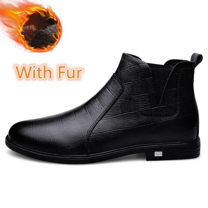 Men Genuine Leather Boots Fur Winter Men Fashion Ankle Boots Business Casual Man Snow Boots Work Shoes Mens Boots Chelsea Shoes