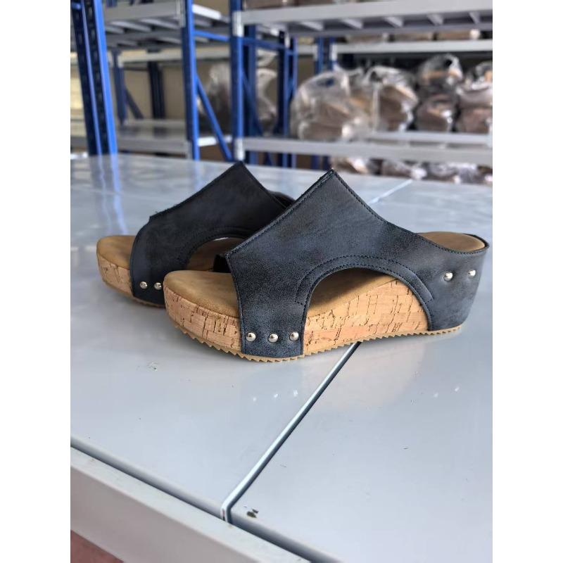 Крутые тапочки на танкетке, популярные летние новинки, сандалии на платформе с круглым носком, женские больших размеров, тапочки-маффины с открытым носком.