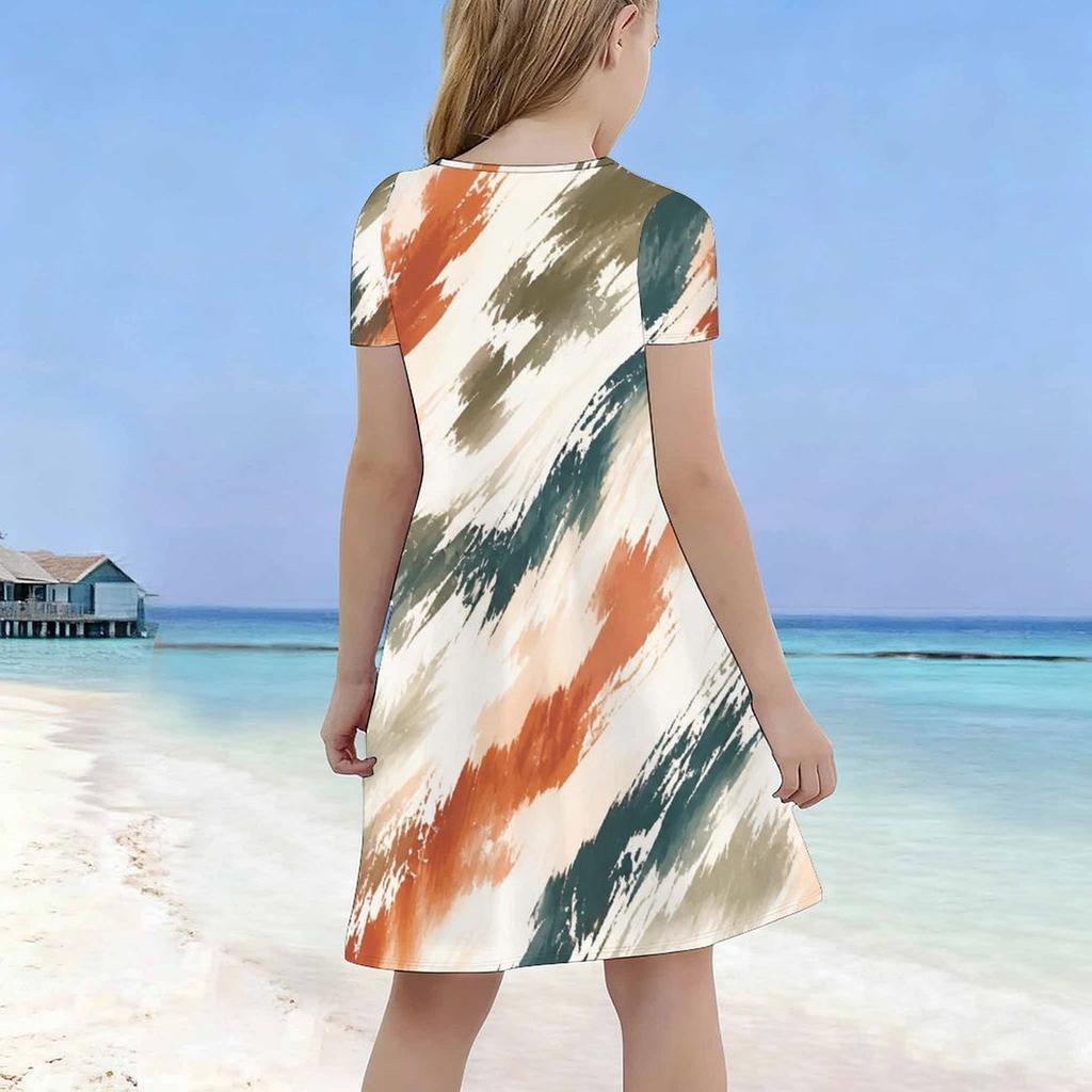 Girls Dark Blue Printed Round Neck Short Sleeve A Line Flared Dress