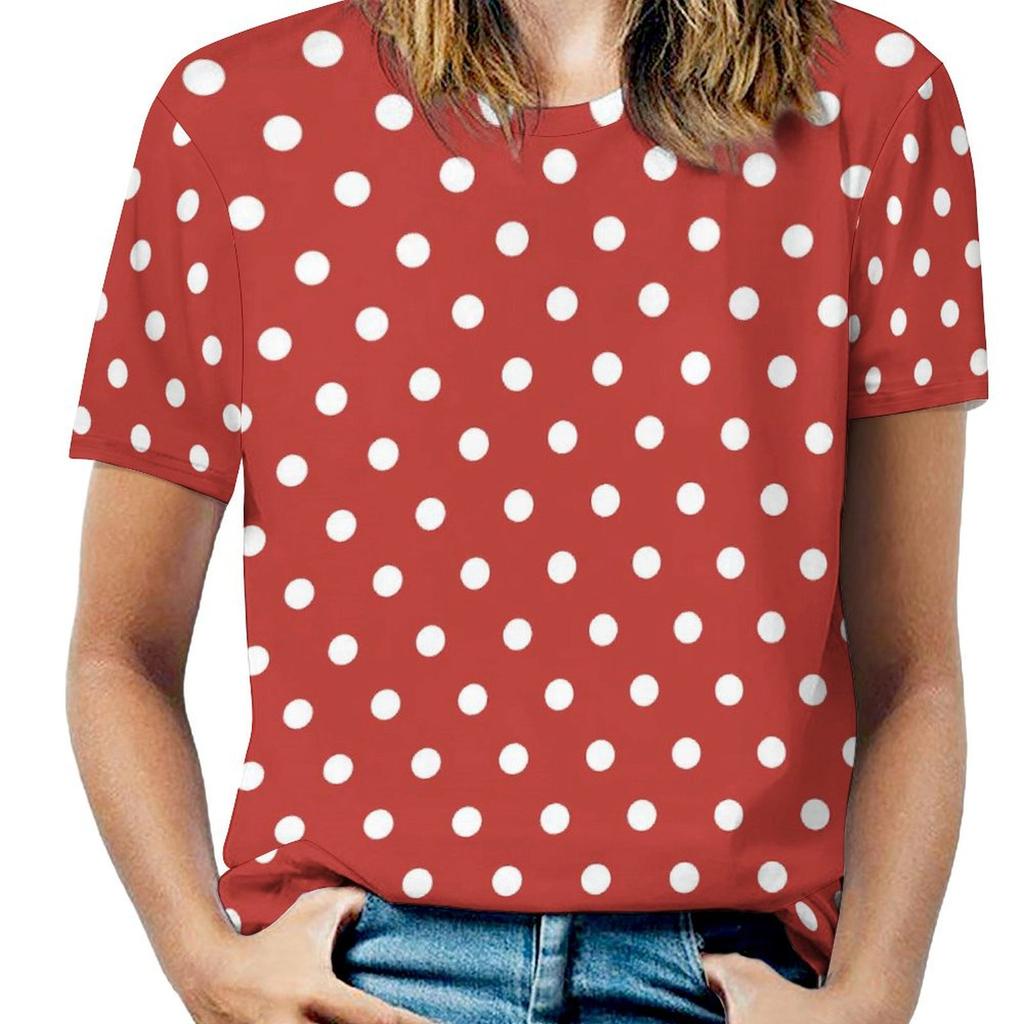 Черно-белая футболка в горошек с круглым вырезом и ретро-принтом, свободные футболки с коротким рукавом, футболки в уличном стиле для женщин, топы с пляжным дизайном