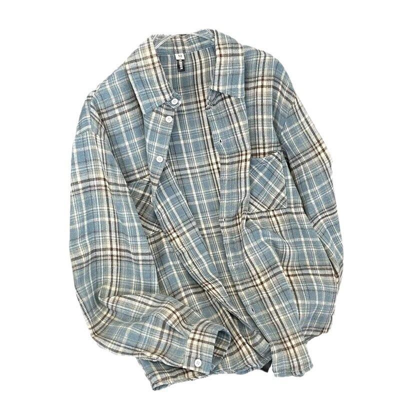 Vintage Plaid Shirt Women Long Sleeve Oversized Retro Style Casual Top