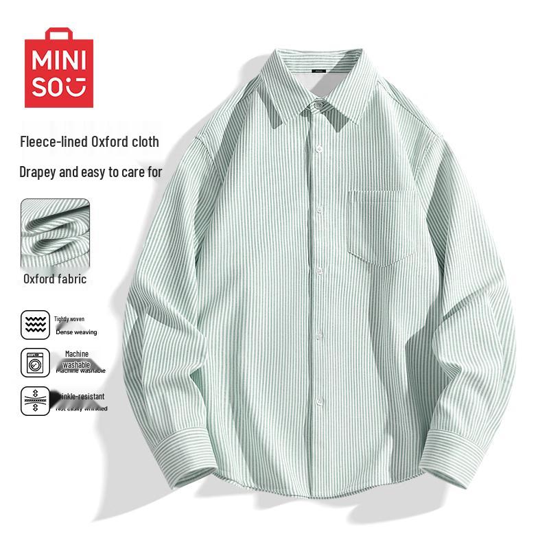 MINISO Мужская полосатая рубашка из оксфорда на флисовой подкладке