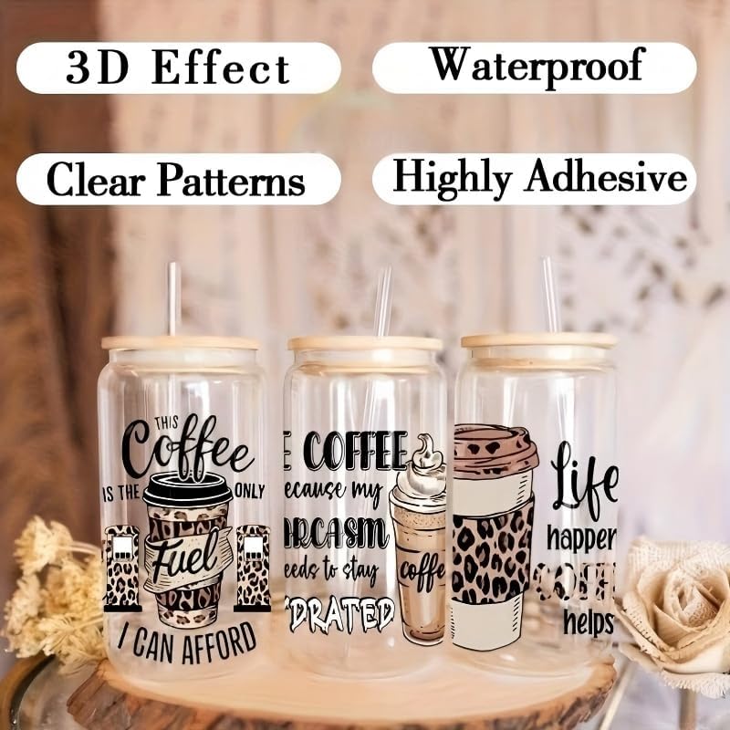 12Pcs Leopard Print Coffee UV DTF Cup Wraps, Waterproof Permanent Scratch-Resistant Transfer Stickers, Leopard Coffee Lover Decals for 16oz Glass Cups