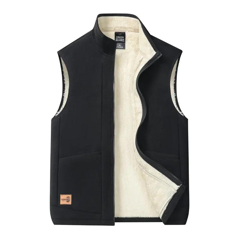 Autumn Winter Lamb Wool Vests Men Warm Padded Stand Collar Casual Sleeveless Jacket