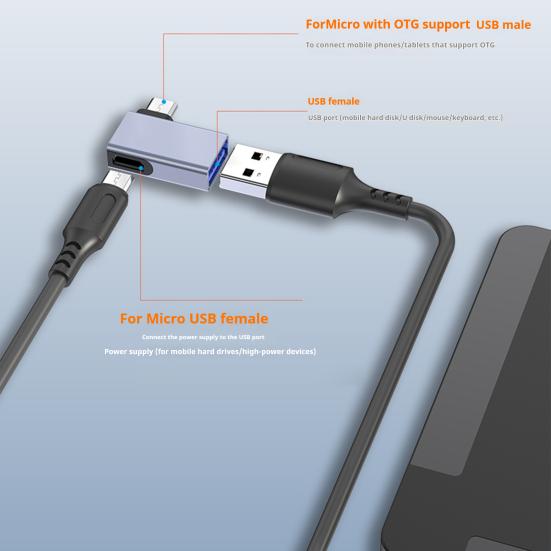 Адаптер Micro USB к USB с угловым удлинителем 90 градусов, с функцией OTG и портом внешнего питания, стабильный ток, адаптер питания