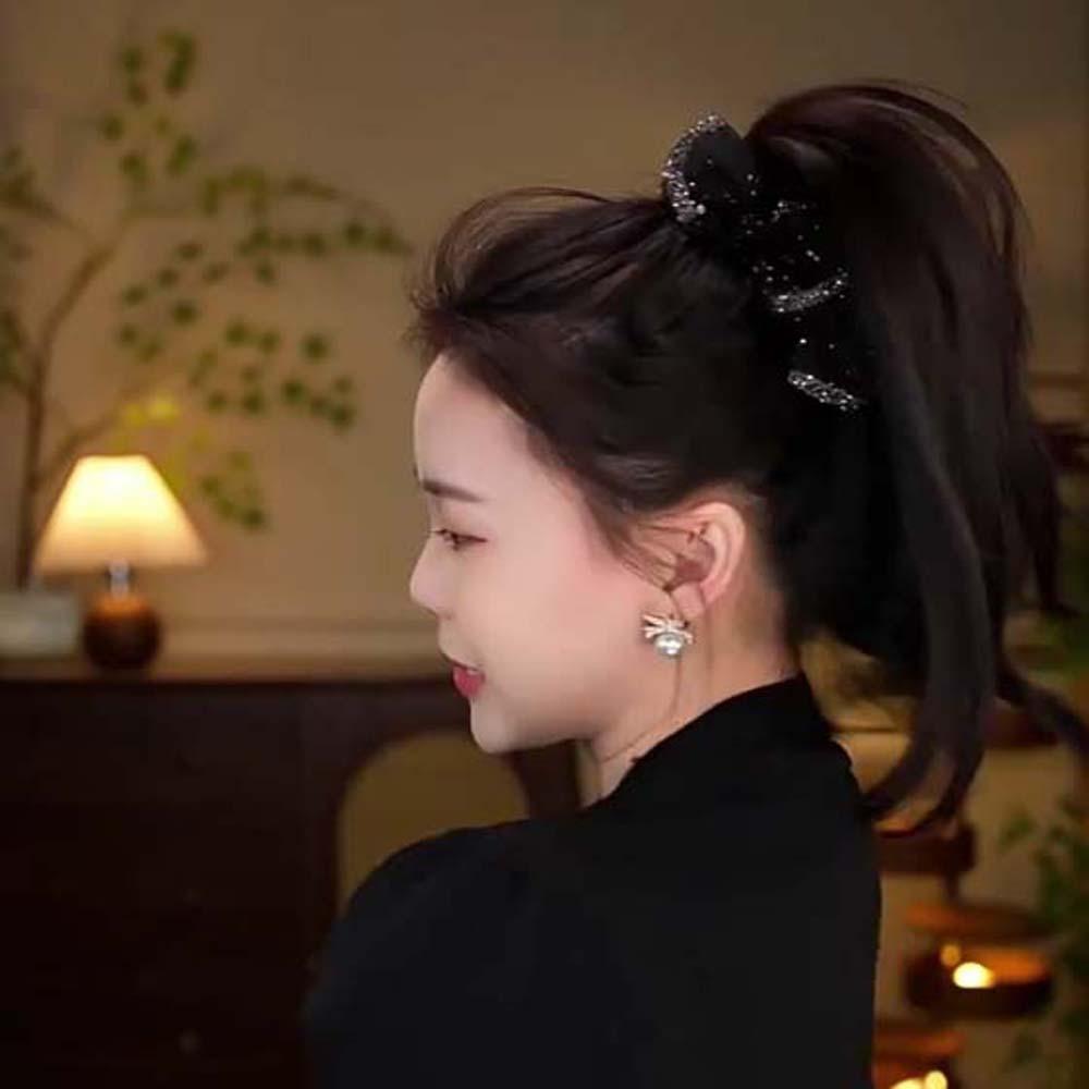 Elegant Black Bow Shark Clip Cloth Women Sequin Hairgrips Twinkle Shiny Rhinestone Hair Claw Daily