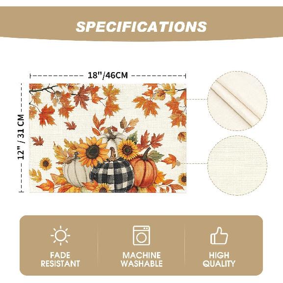 Artoid Mode Fall Pumpk Sunflowers Leaves Placemats Set of 4, 12x18 Inch Thanksgiving Vintage Table Mats for Dining Party Decoration