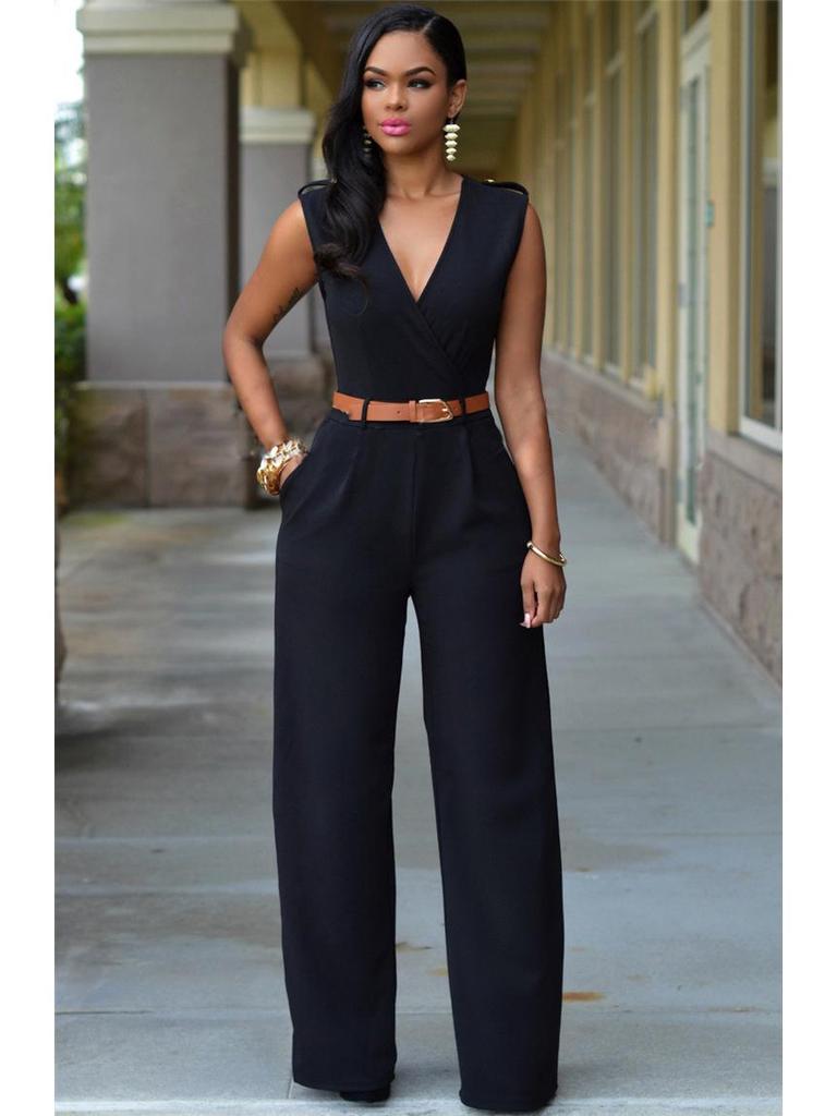 Летний однотонный комбинезон без рукавов с высокой талией и V-образным вырезом для женщин