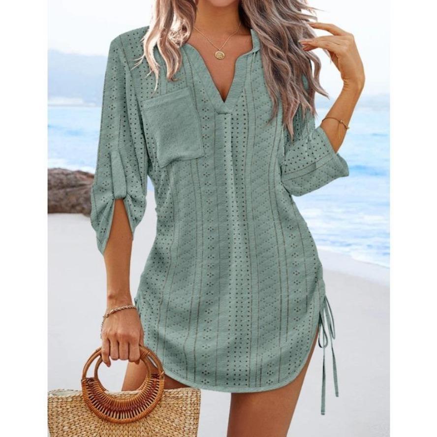 YYFS Женская мода лето весна однотонный принт с коротким рукавом и v-образным вырезом свободная талия повседневные платья