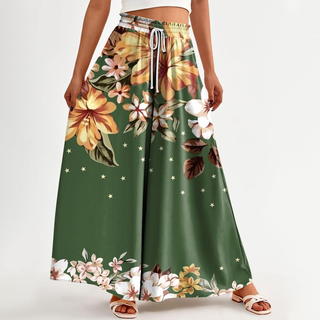 Женские широкие брюки с высокой талией, летние повседневные струящиеся брюки-палаццо, пляжные брюки с цветочным принтом и карманом