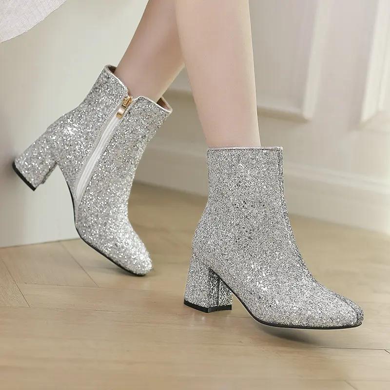 Gold Silver Blue Sequined Cloth Glitter Shoes Women High Heels Ankle Boots