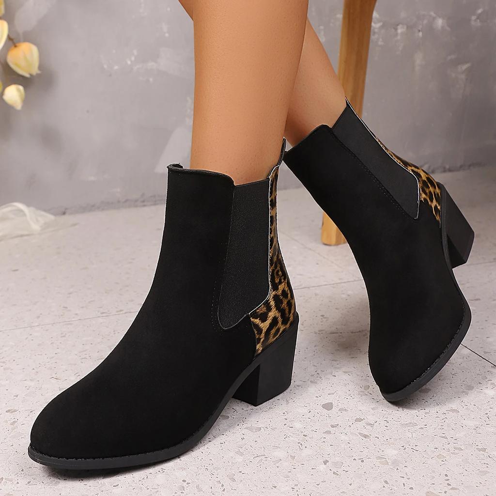 Fashion Leopard Print Chelsea Ankle Boots for Women Faux Suede Patchwork Chunky Heel Booties Woman Plus Size Fashion Short Botas Mujer