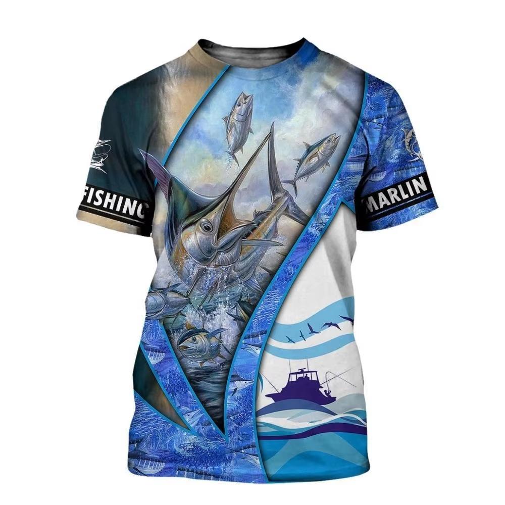 Retro Men's T-shirt, Outdoor Sports Short Sleeved T-shirt with 3D Fishing Print, Men's Casual T-shirt, Loose T-shirt, Men's Streetwear