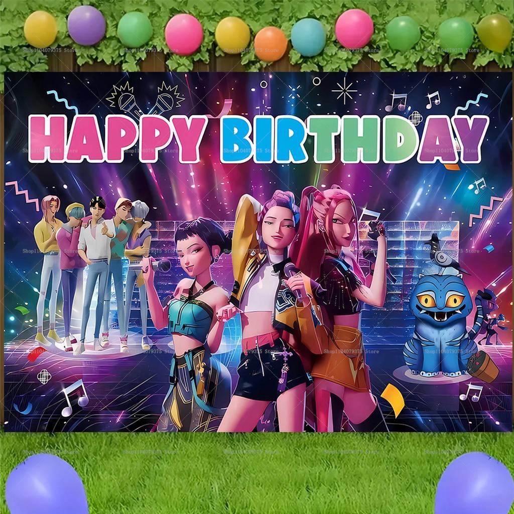 С Днем Рождения Баннер для Вечеринки K-Pop Охотники на Демонов Подходит для Дней Рождения Мальчиков и Девочек Украшение для Комнаты