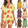 Women's Silk Pajamas Button Home Clothes Star Print Short Sleeve Satin Pajama Set 2 Piece Set