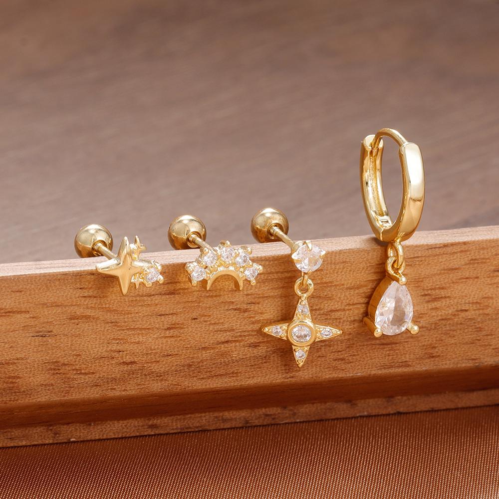 4PCS Luxury Star Moon Stainless Steel Zircon Stud Earrings Set For Women Simple Flower Earring Classic Huggie Daily Jewelry