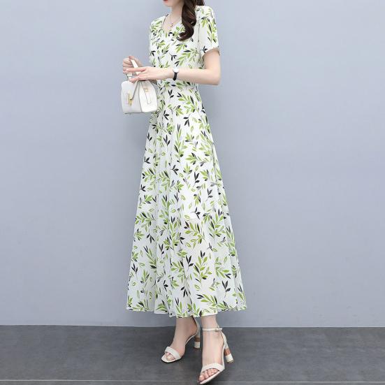 Women's Floral Print Maxi Dress Summer V Neck Short Sleeve Long Dress Casual Swing A-line Beach Sundress