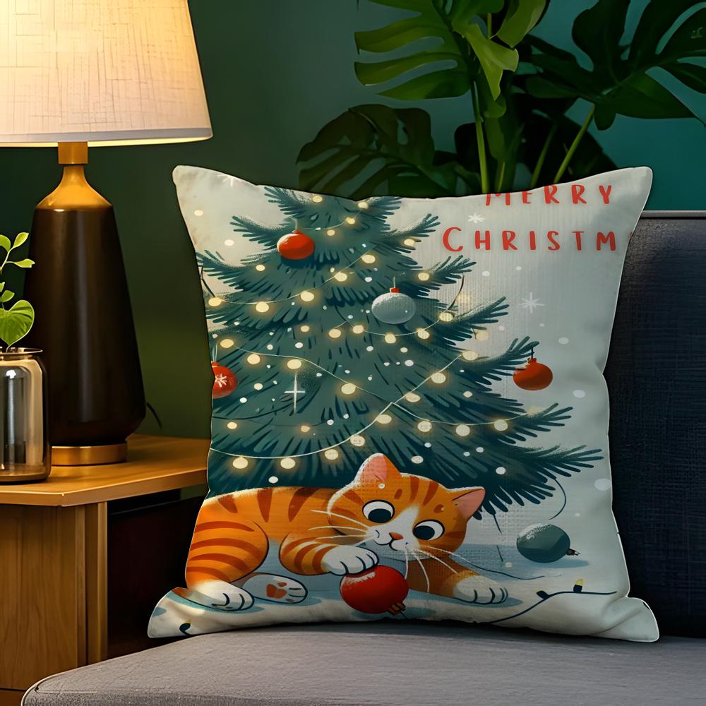 Cute cat with a red hat decoration Pillow Case Natural Linen Pillow Case DoubleSided Decor Sofa Pillowcase Home Decor