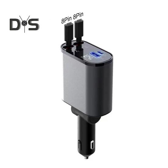 Автомобильное зарядное устройство с двойным выдвижным кабелем типа C, 8-контактный USB, 3A, 2,4A, напряжение, цифровой дисплей, универсальный, 100 Вт, высокая мощность, быстрая зарядка, автомобильная зарядка