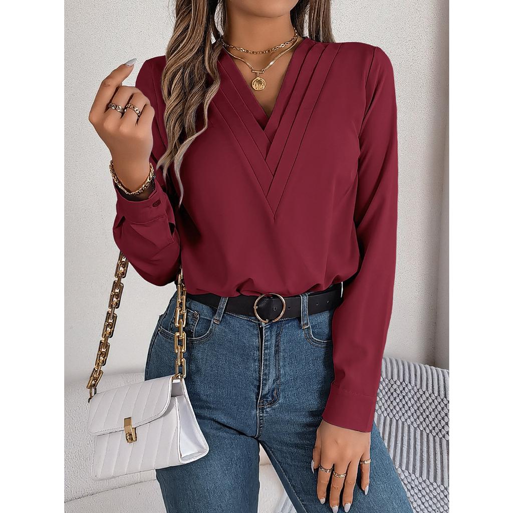 GMXIA Elegant Solid-color Layered V-neck Long-sleeved Women's Shirt for Autumn and Winter
