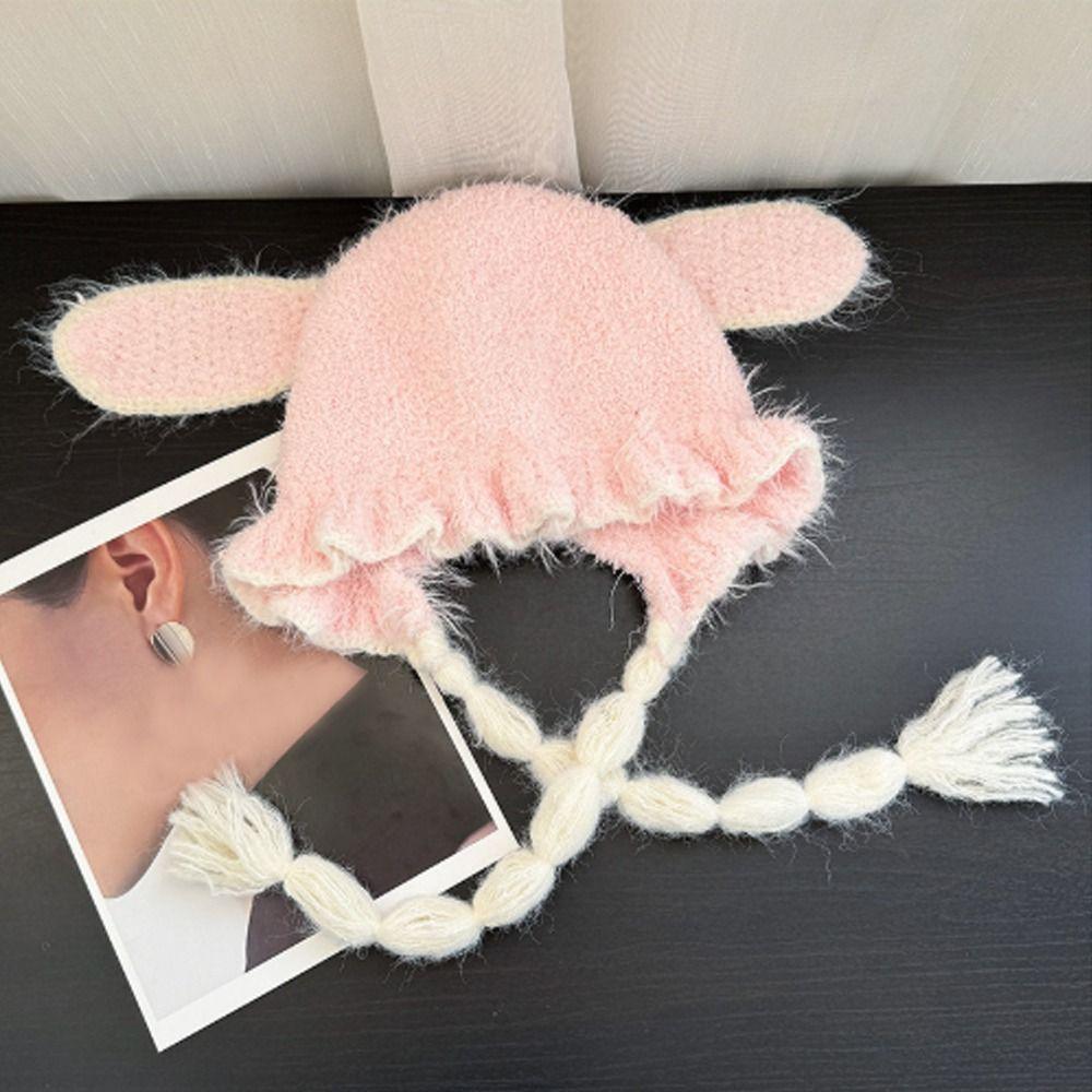 Fuzzy Texture Earflap Beanie Hat Braided Tassels Plush Winter Hat Bunny Ear Hat Autumn Wear