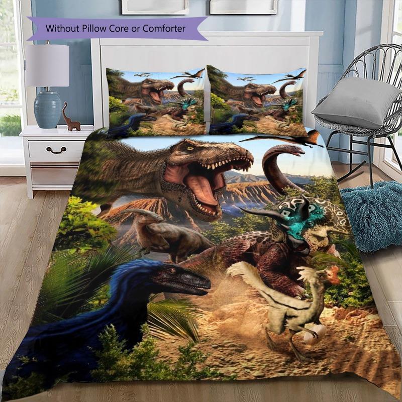 Jurassic Dinosaur Wild Valley Prehistoric Animal Print 3‑Pieces Duvet Cover Set Dino Bedding Without Pillow Core or Comforter