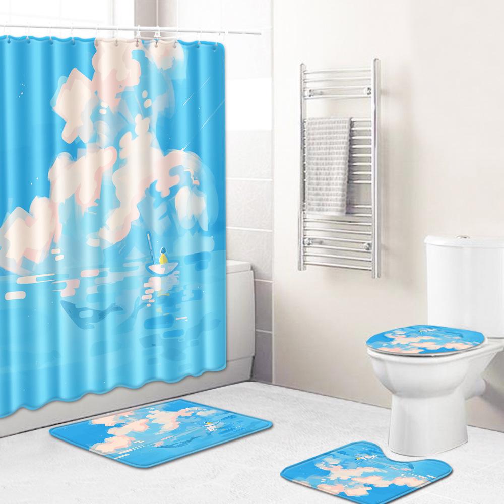 Fashion Textured Bathroom Shower Curtain Floor Mat Toilet Cover Foot Mat Four-Piece Set