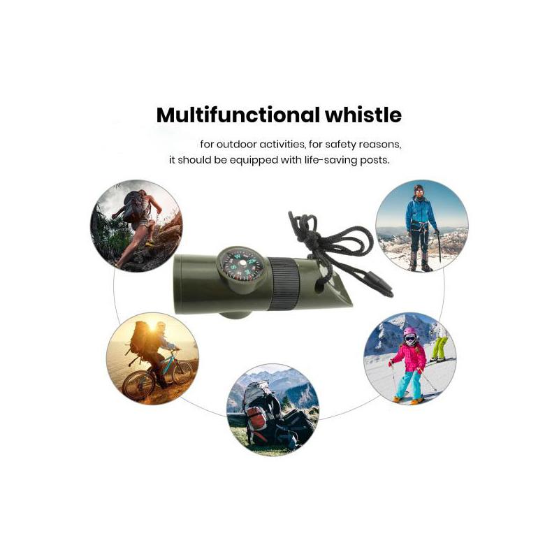 Multifunctional Whistle Led Flashlight Compass Magnifier Thermometer Portable 7-In-1
