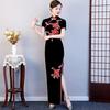 Daily Chinese style golden velvet catwalk cheongsam big flower improved dress slim fit elegant etiquette performance dress large size