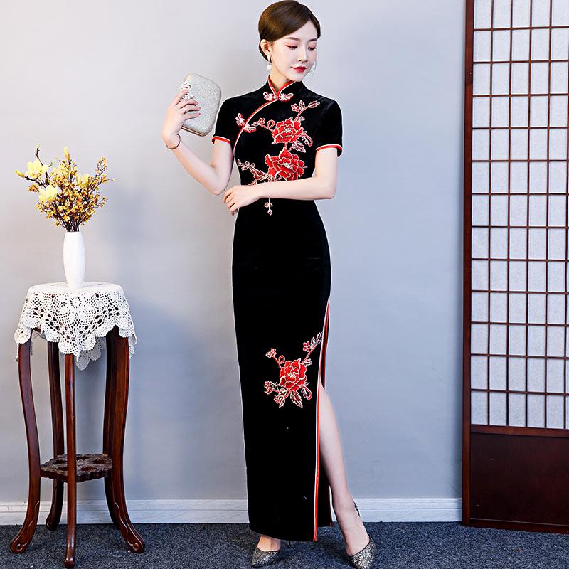 Daily Chinese style golden velvet catwalk cheongsam big flower improved dress slim fit elegant etiquette performance dress large size