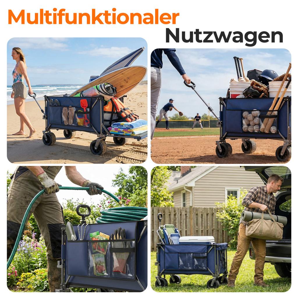 200L+100L Foldable Wagon & Tailgate, 140cm, Extra Wide 17x10 cm All-Terrain Wheels Hand Cart, Ideal for Garden, Shopping, Beach, Outdoor Use (Blue)