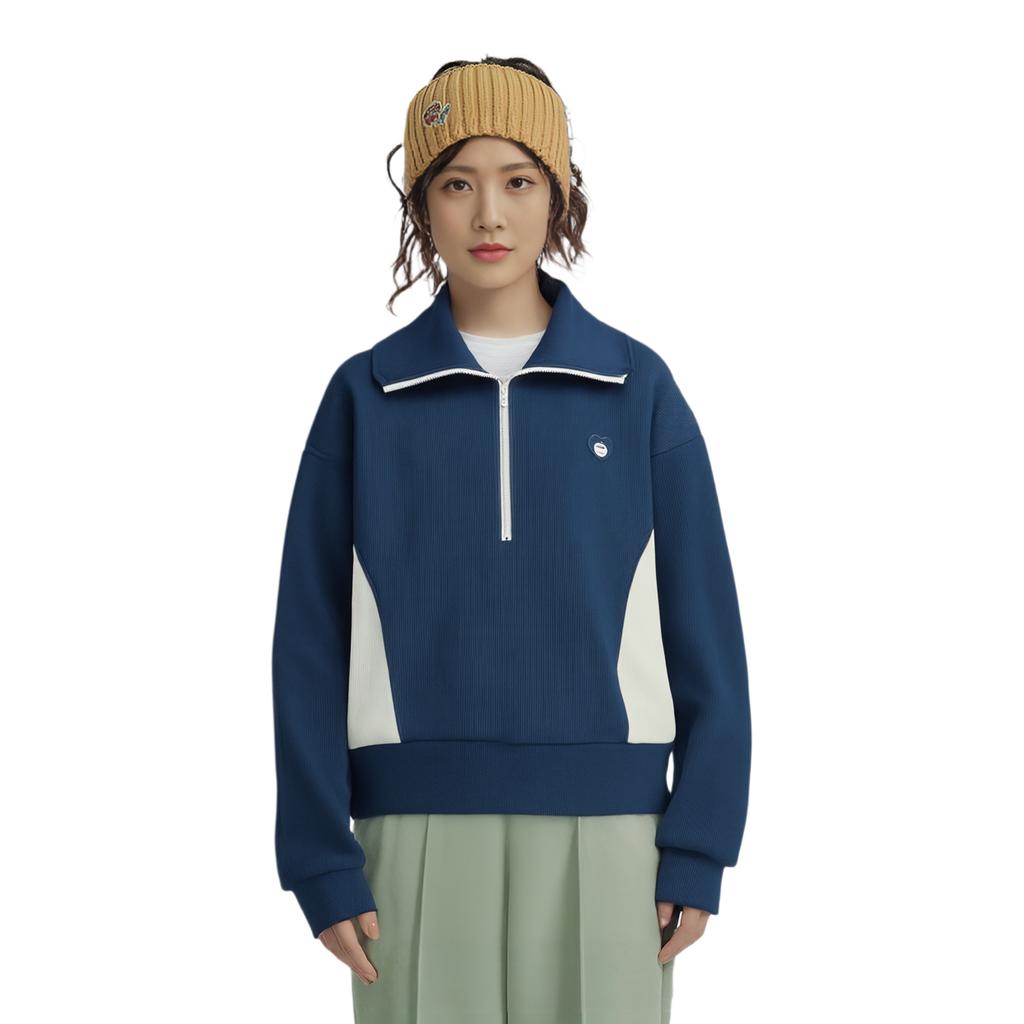 Li Ning Color Block Polo Collar Удобная дышащая свободная толстовка Женская толстовка Deep-Navy Cream AWDU604-2